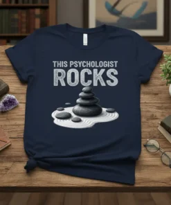 This Psychologist Rocks T-Shirt featuring stacked zen stones and white sand design, with distressed text