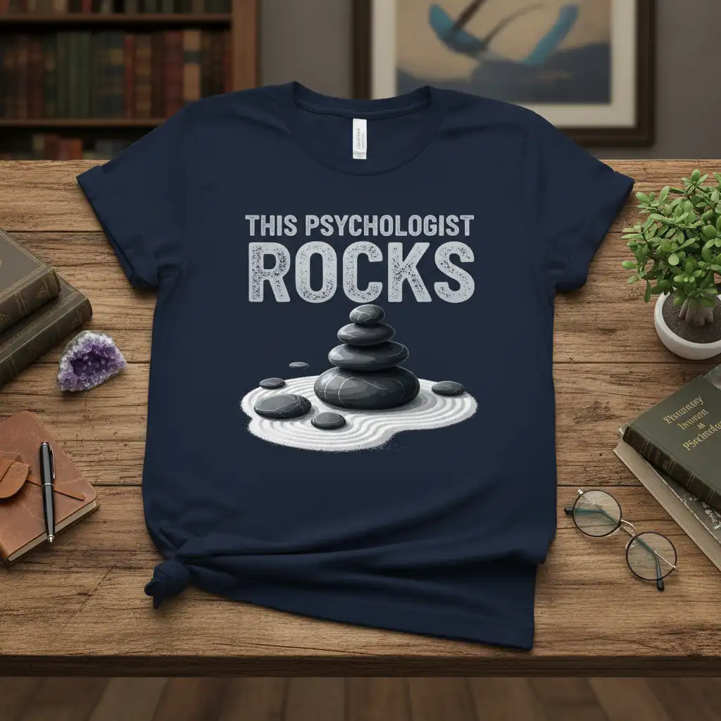 This Psychologist Rocks quote with zen stone garden graphic on a navy blue t-shirt