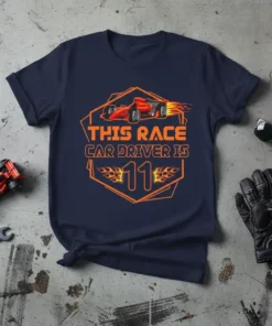 This Race Car Driver Is 11 text with a racing car graphic and flames on a navy blue t-shirt, perfect