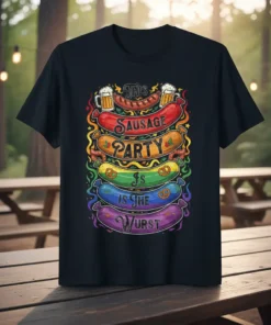 This Sausage Party Is The Wurst T-Shirt with rainbow sausages and beer mugs graphic