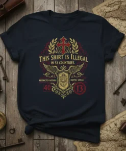 Navy blue t-shirt with bold text "THIS SHIRT IS ILLEGAL IN 53 COUNTRIES" and shield graphic, featuring 40 restricted nations