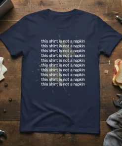 Navy blue t-shirt with repeating white text that reads "this shirt is not a napkin" and subtle splatters