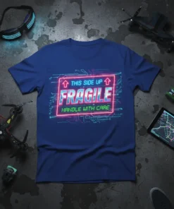 Fragile shipping label design with neon lights and circuit board pattern, featuring text "THIS SIDE UP FRAGILE HANDLE WITH CARE"
