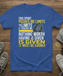 Blue t-shirt with bold yellow and white text quote "This Sport Pushes Me Limits" and graphic of wrestlers