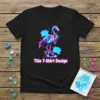 Black t-shirt featuring a vibrant neon flamingo with lotus flowers and sneakers, text reads "This T-Shirt Design"