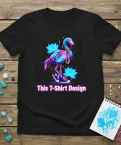 Black t-shirt featuring a vibrant neon flamingo with lotus flowers and sneakers, text reads "This T-Shirt Design"