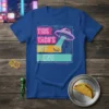T-shirt design with neon text "THIS TACO'S OFF MENU" and a UFO beam abducting a taco graphic