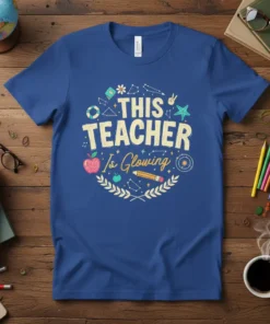 This Teacher Is Glowing text with school icons on a blue t-shirt
