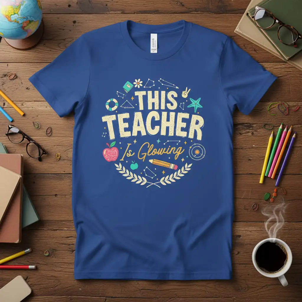 This Teacher Is Glowing quote with school icons on a blue graphic tee