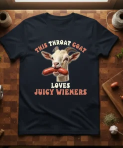 This Throat Goat Loves Juicy Wieners text with a goat eating a sausage graphic on a black t-shirt