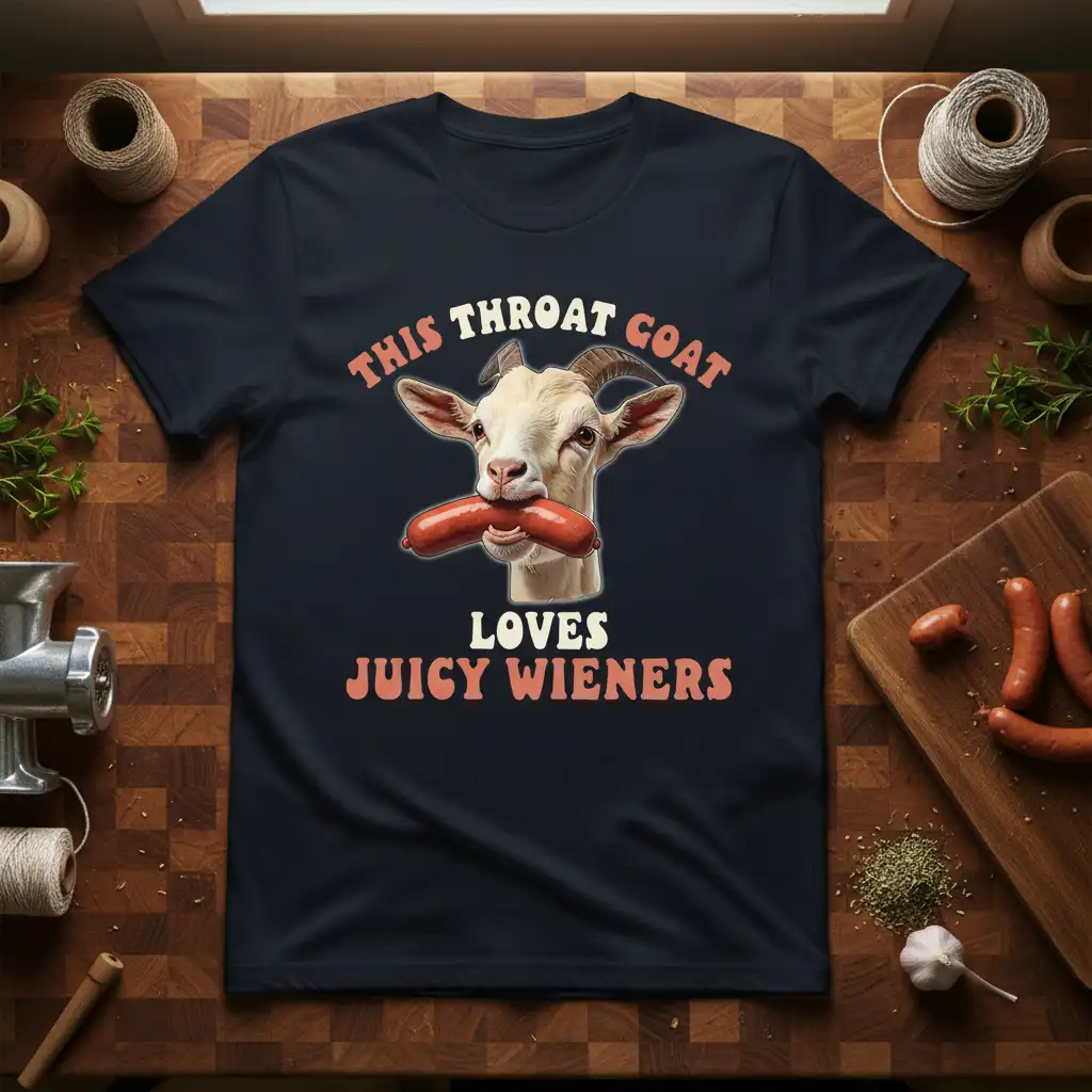This Throat Goat Loves Juicy Wieners text and goat graphic on a black t-shirt for a funny foodie gift