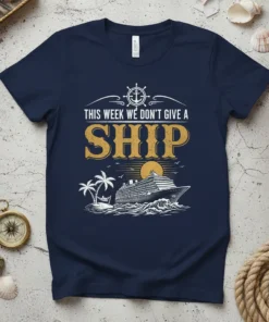 Navy t-shirt with "THIS WEEK WE DON'T GIVE A SHIP" text, nautical wheel, cruise ship, palm trees, and ocean waves