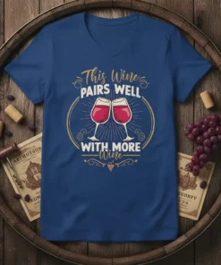 This Wine Pairs Well With More Wine text with two wine glasses graphic on a blue t-shirt