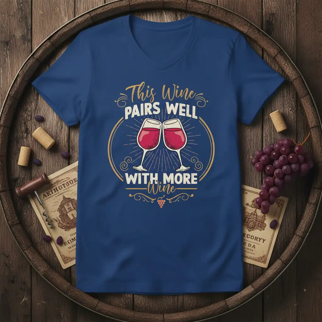 This Wine Pairs Well With More Wine quote and graphic on a blue V-neck t-shirt