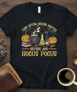 This Witch Needs Coffee Before Any Hocus Pocus text with pumpkins, black cat, and cauldron graphic on a black t-shirt