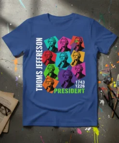 Thomas Jefferson President Tee design featuring a colorful grid of portraits and text "Thomas Jefferson 1743 1226 President"