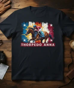 Thorpedo Anna horse racing t-shirt design with jockey on a thoroughbred horse against a distressed American flag background