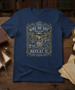 Quote by George Santayana: "Those Who Do Not Remember The Past are condemned to REPEAT IT" on a navy t-shirt