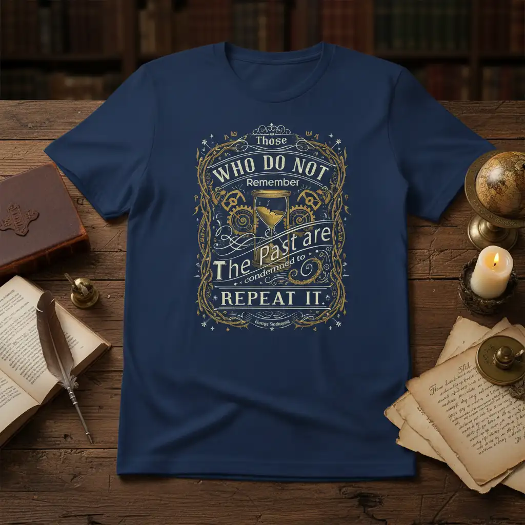 Those Who Do Not Remember The Past are condemned to REPEAT IT quote design with hourglass and gears on navy tee