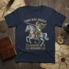Knight on horseback design with "Thou May Ingest A Satchel Of Richards" text, vintage style, historical theme