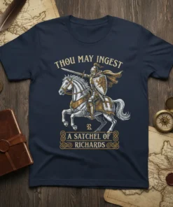 Knight on horseback design with "Thou May Ingest A Satchel Of Richards" text, vintage style, historical theme