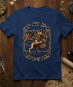 Thou May Ingest A Satchel Of Richards t-shirt design with a winged lion holding a bag of coins