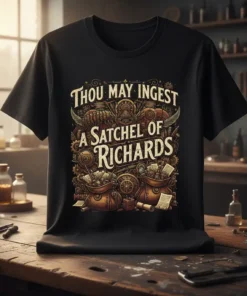 Steampunk quote t-shirt: "Thou May Ingest A Satchel Of Richards" with gears and bags of riches graphic
