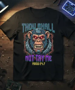 Thou Shall Not Try Me Mood 24.7 T-Shirt with aggressive cybernetic monkey graphic and neon text