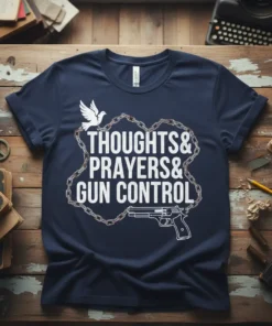 Navy blue t-shirt with white text "Thoughts Prayers Gun Control" inside a chain border, featuring a dove and a pistol