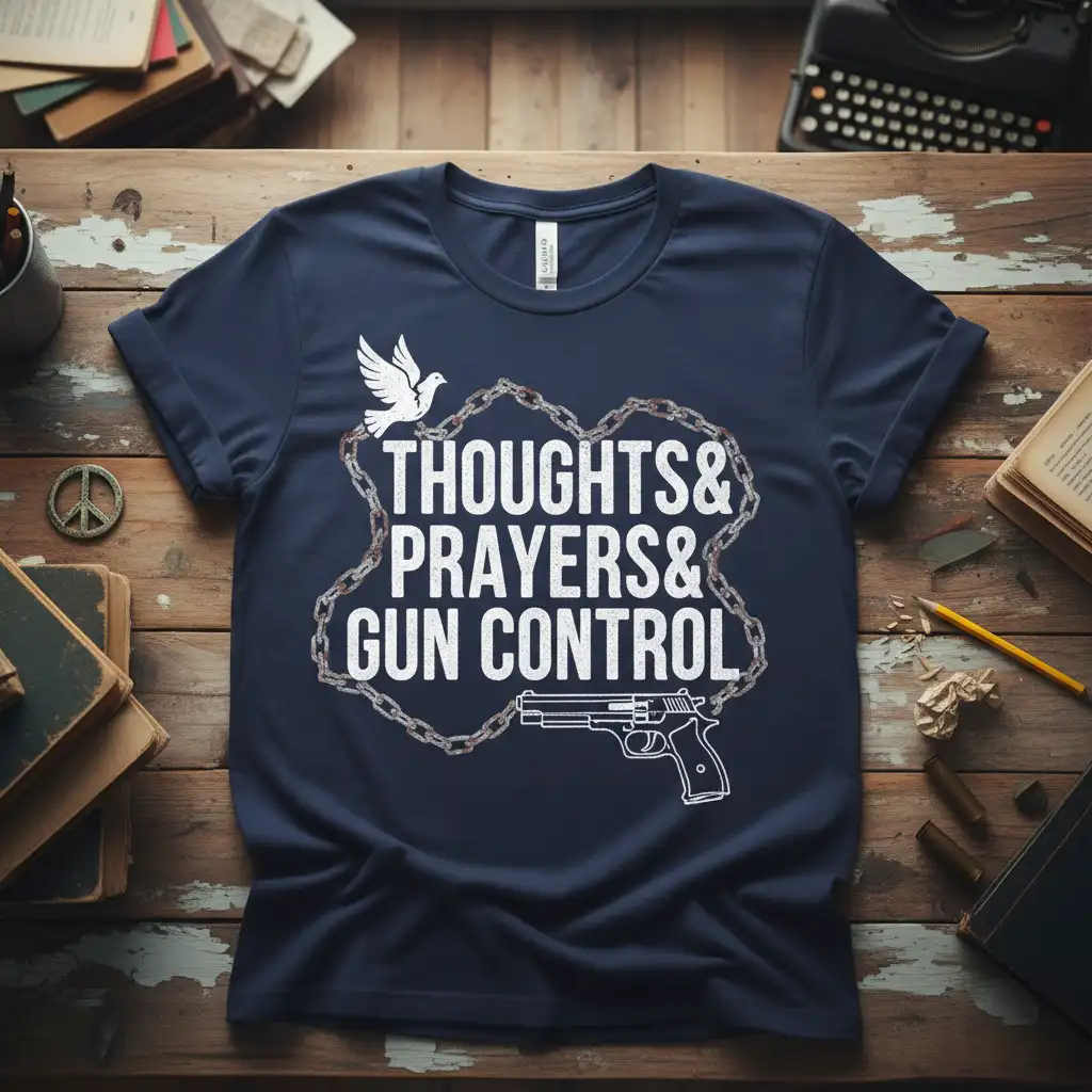 Thoughts Prayers Gun Control t-shirt design with dove and pistol graphic on navy blue fabric