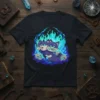 Three headed cat chewing bone, surrounded by blue and green flames and skulls, on a black t-shirt