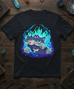 Three headed cat chewing bone, surrounded by blue and green flames and skulls, on a black t-shirt