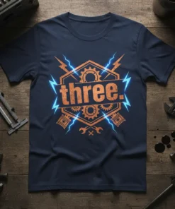Navy blue t-shirt with "three." in distressed orange text, surrounded by gears, pistons, and blue lightning bolts. Perfect for a
