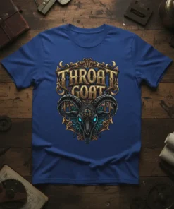 Throat Goat Skull T-Shirt with ornate gold frame and glowing blue eyes, dark fantasy graphic