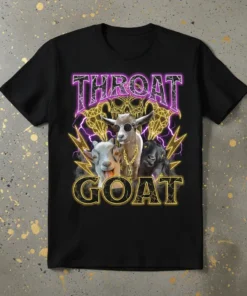 Throat Goat t-shirt design featuring three cool goats with sunglasses and gold chains, set against lightning and skull graphics
