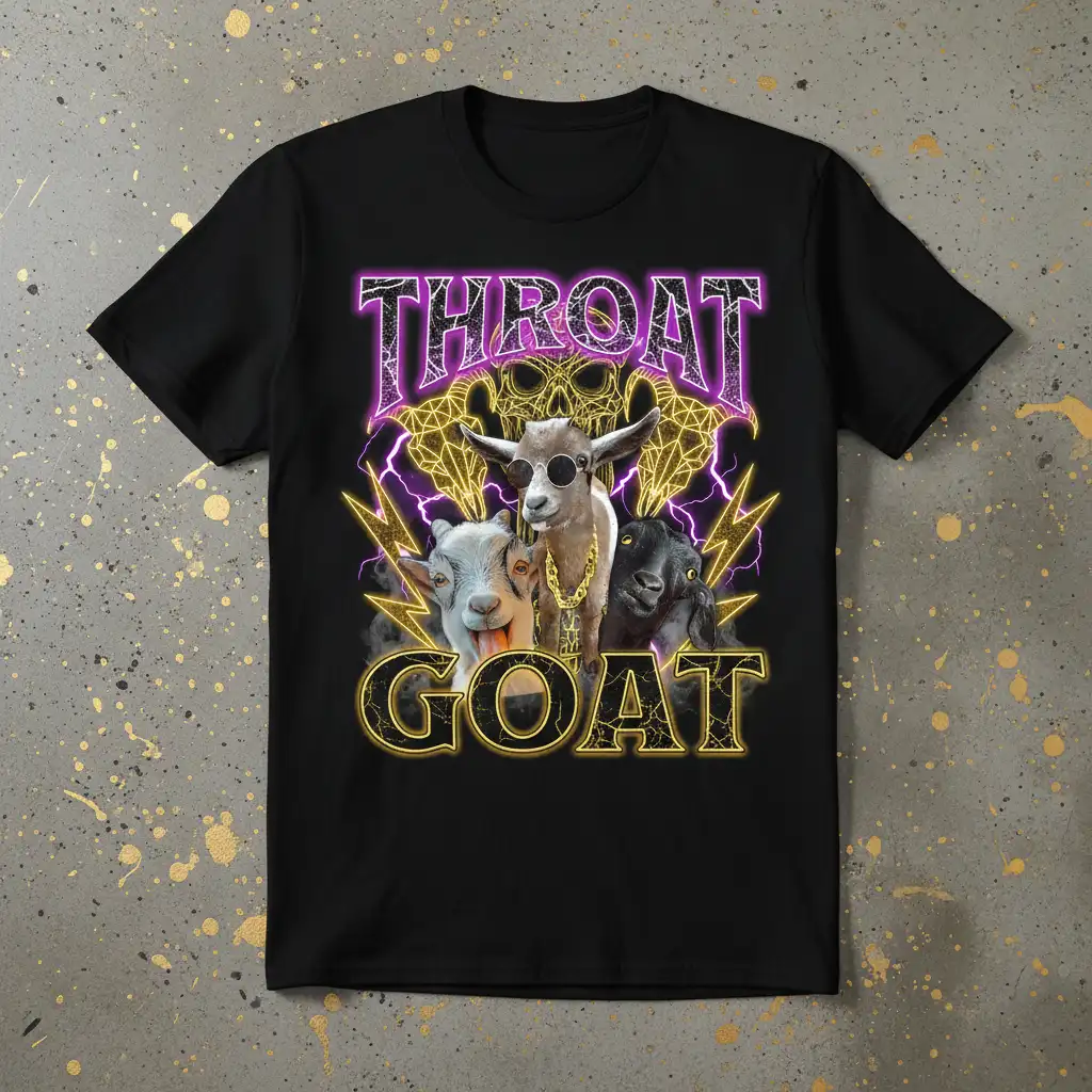 Edgy Throat Goat t-shirt design with three goats, lightning, and skull graphics for animal lovers