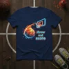 Throw and score basketball t-shirt design with a flaming basketball dunking into a neon hoop