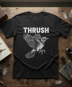 Black t-shirt featuring the word "Thrush" in white block letters above a detailed illustration of a thrush bird in flight