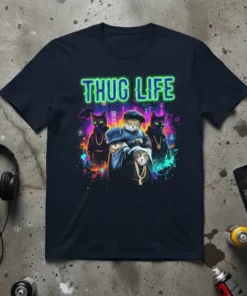 Thug Life Cats T-Shirt with neon green text and a graphic of four cats in urban streetwear, wearing gold chains