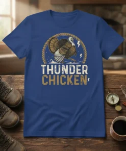 Thunder Chicken t-shirt design with a wild turkey graphic and rustic rope border, featuring bold white and gold text