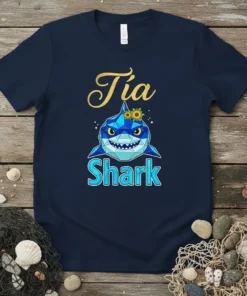 Tia Shark t-shirt design featuring a geometric blue shark with sunflowers and the text "Tia Shark" in playful font
