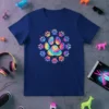 Tie dye paw print design with multiple colorful paw prints and digital glitch accents, on a navy blue t-shirt