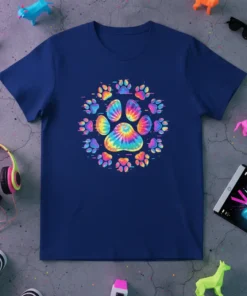 Tie dye paw print design with multiple colorful paw prints and digital glitch accents, on a navy blue t-shirt