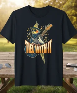 Tiel With It cockatiel playing guitar with sunglasses and bandana, surrounded by musical notes