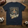 Tiger Town Game Day football t-shirt featuring a fierce tiger mascot in a helmet and a football graphic