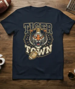 Tiger Town Game Day football t-shirt featuring a fierce tiger mascot in a helmet and a football graphic