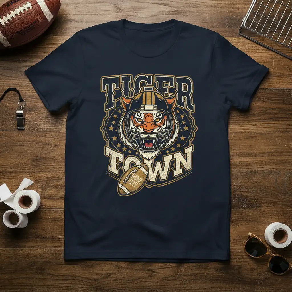 Tiger Town Game Day football t-shirt design with tiger mascot and football graphic
