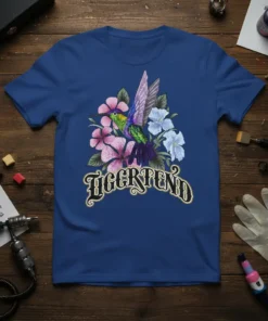 Tigerfriend T-Shirt design featuring a colorful hummingbird surrounded by pink and blue flowers with ornate "Tigerfriend" text below