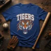 TIGERS baseball team t-shirt with a fierce tiger mascot graphic and distressed lettering