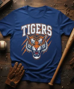 TIGERS baseball team t-shirt with a fierce tiger mascot graphic and distressed lettering